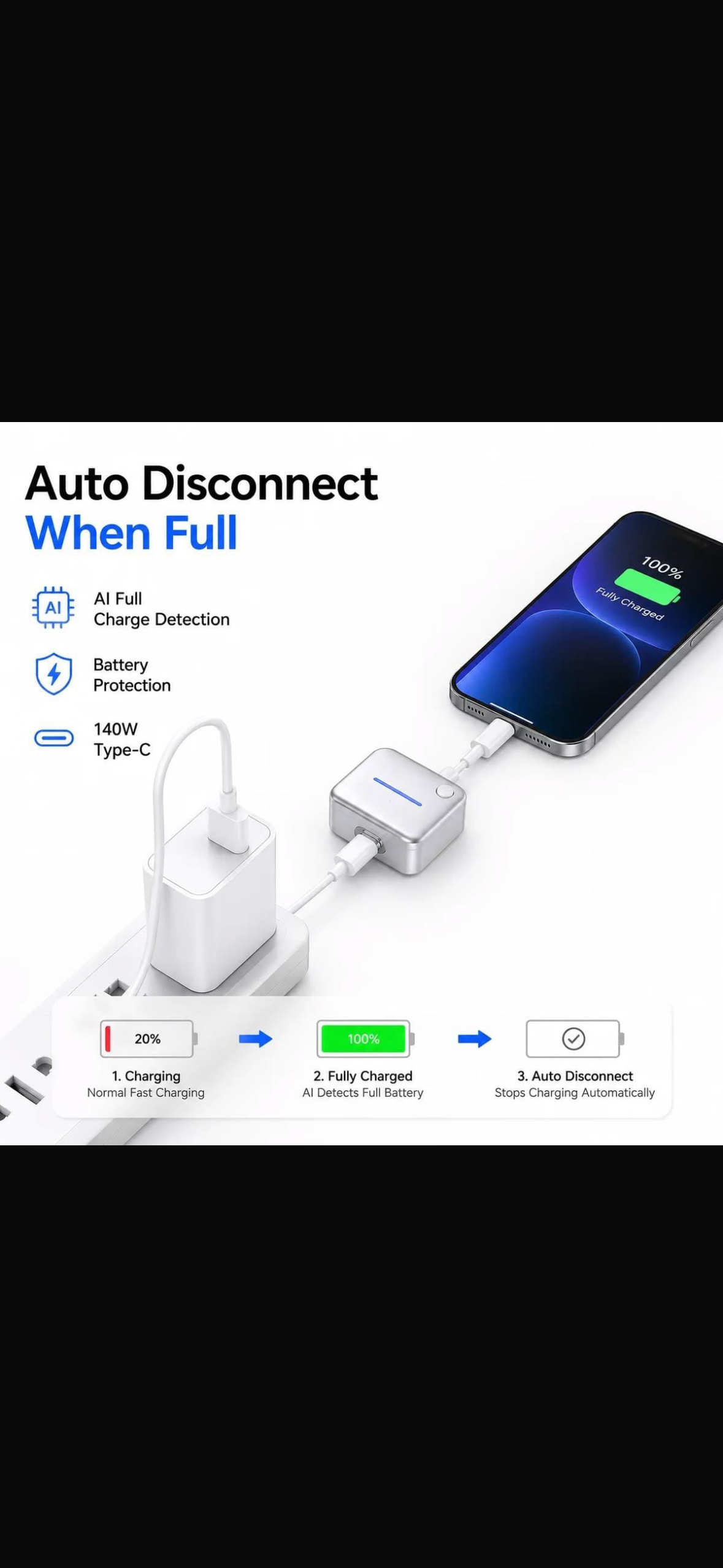 140W Universal Auto Disconnect Charger Adapter Cable, Type-C Mobile Fast Charging Separator with Full Charge Auto Cut for Night Charging