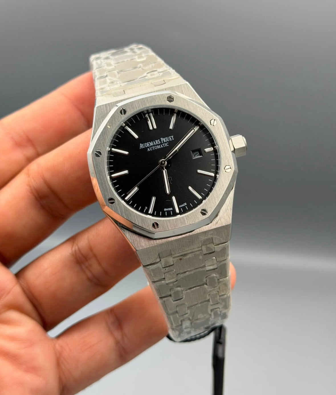 Luxury Octagonal Automatic Men’s Watch – Stainless Steel Bracelet, Black Dial