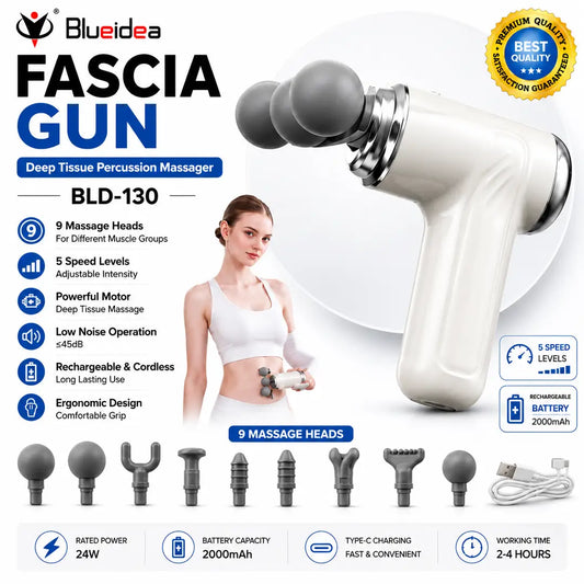 Blueidea BLD-130 Fascia Massage Gun – Deep Tissue Percussion Massager, 9 Massage Heads, 5 Speed Levels