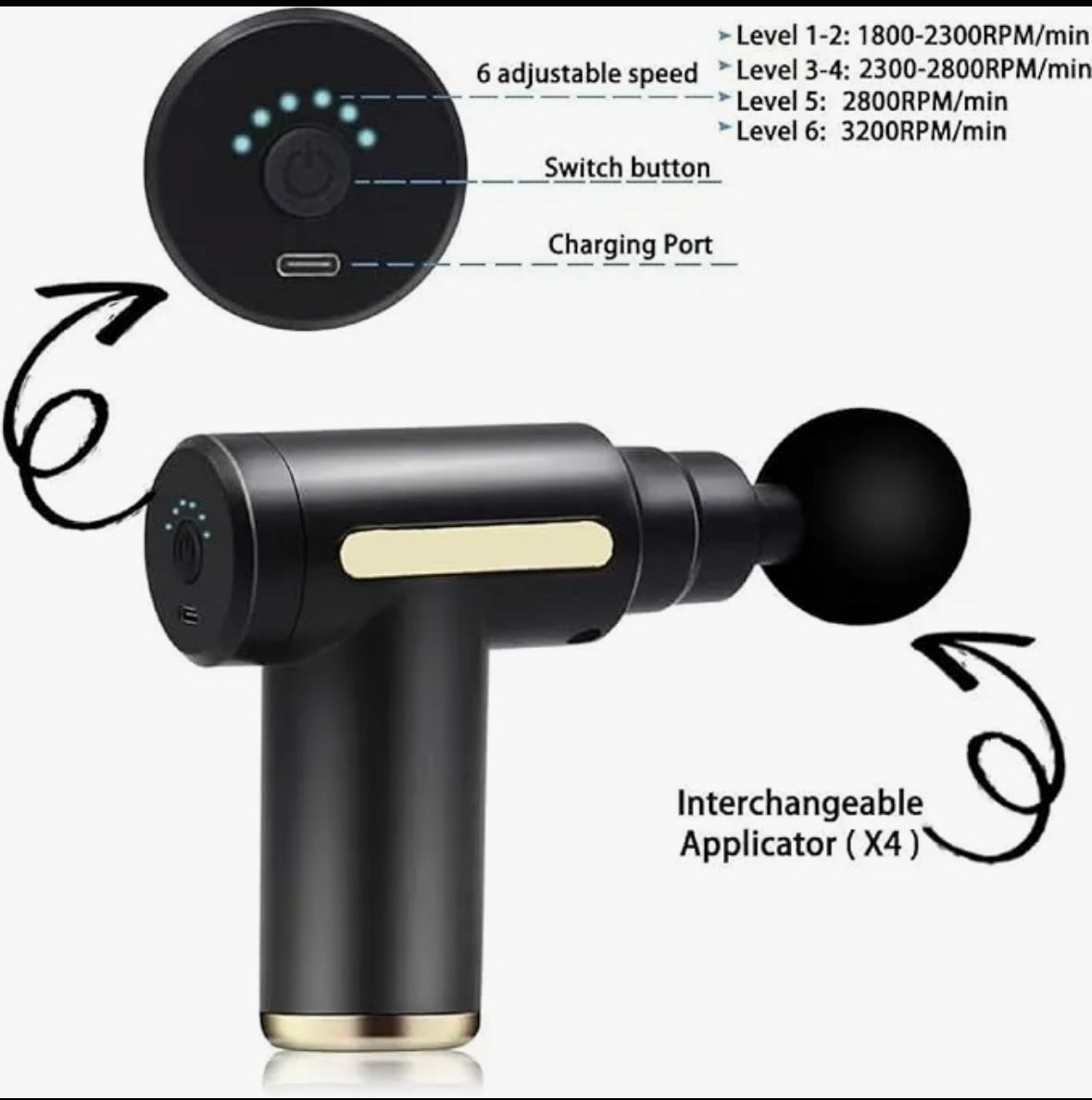 Massage Gun Rechargeable Percussion Muscle Massager with 4 Massage Heads